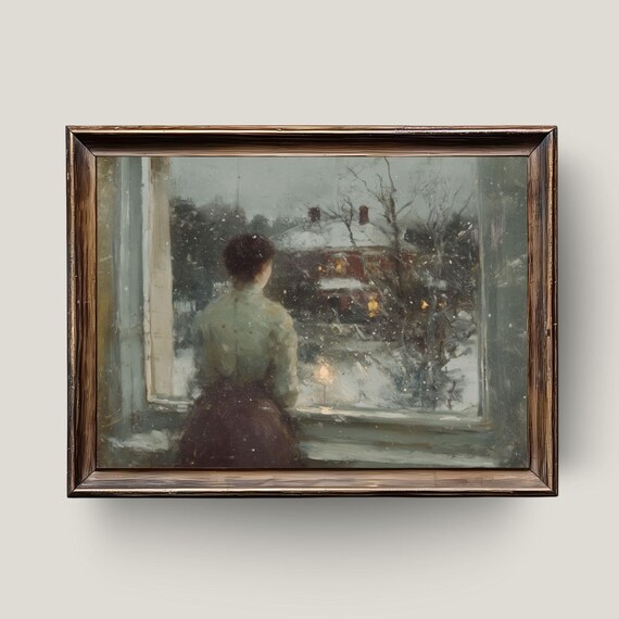 Victorian Woman Winter Window Snowfall Evening Nostalgic Art Poster