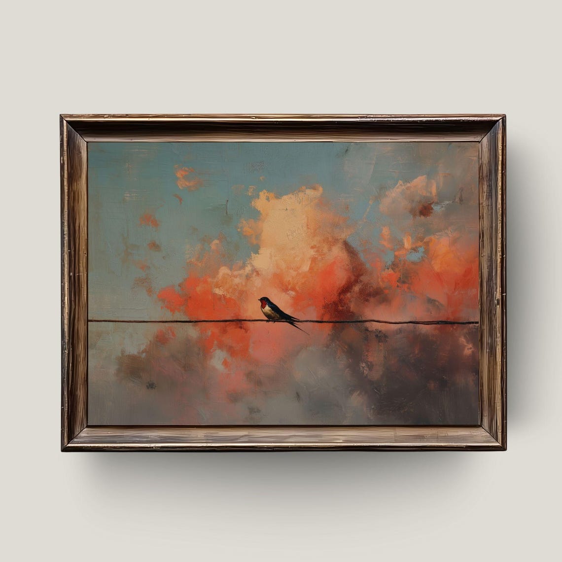 Swallow on Wire at Sunset Orange Cloud Sky Minimalist Nature Poster