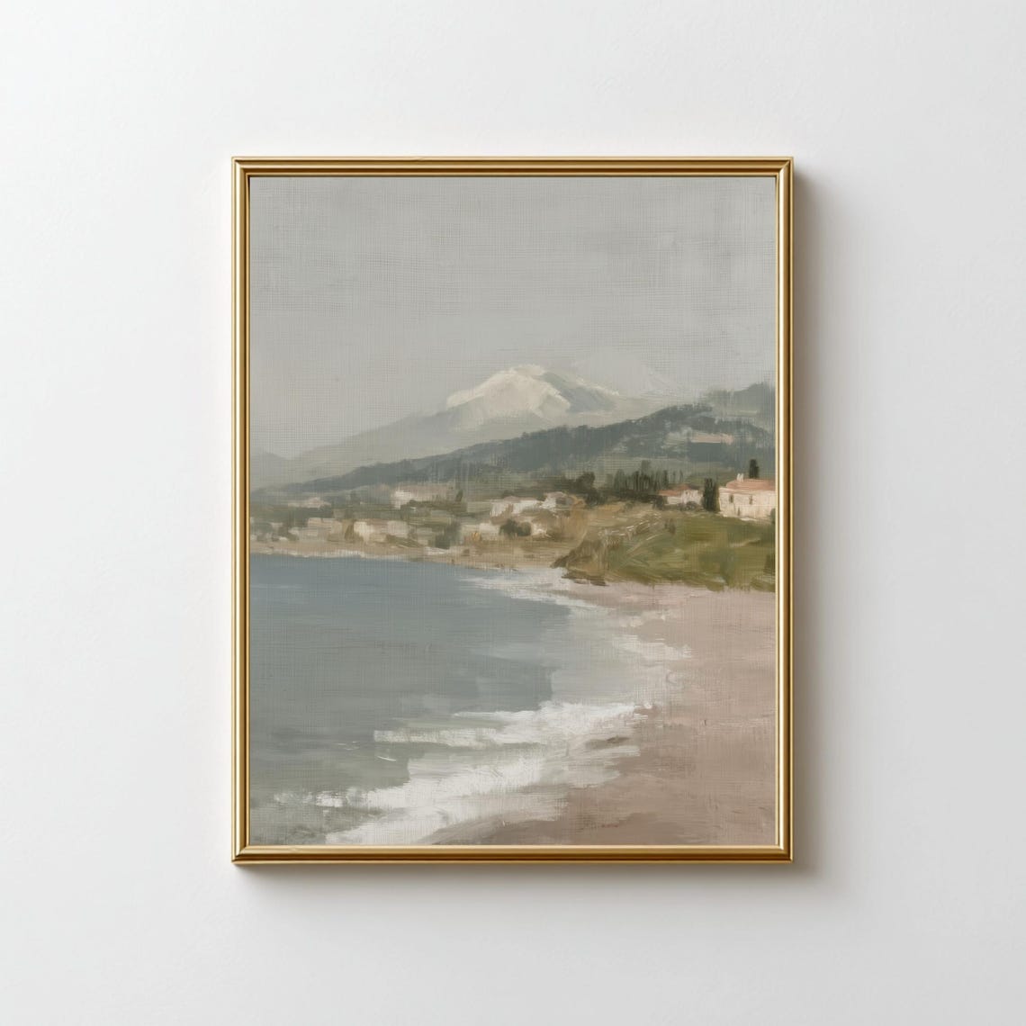 Misty Seaside Village Coast Painting Soft Neutral Landscape Print