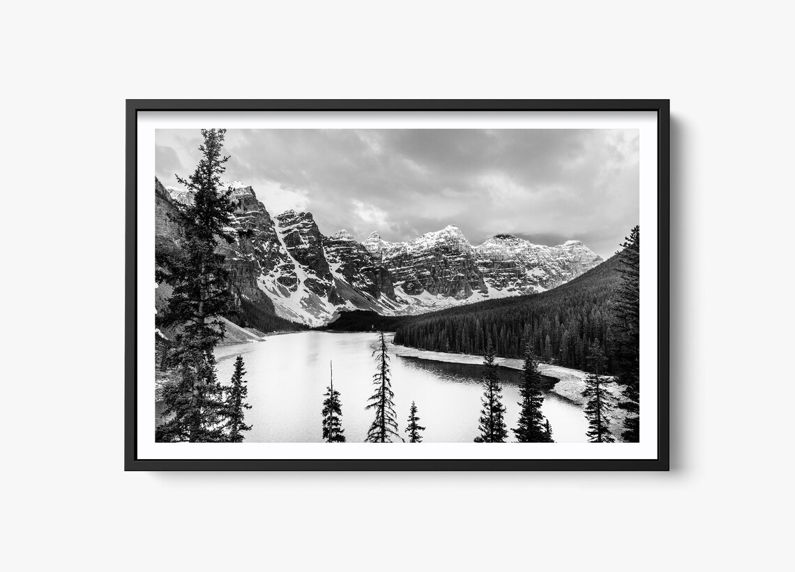 Moraine Lake Sunrise, Black And White Banff National Park Art Print