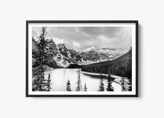 Moraine Lake Sunrise, Black And White Banff National Park Art Print