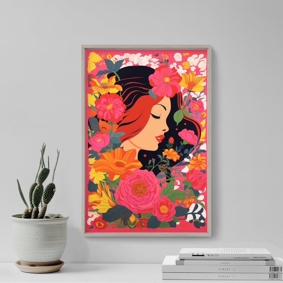 Woman Profile Pink Flowers Pop Art Vibrant Floral Beauty Poster