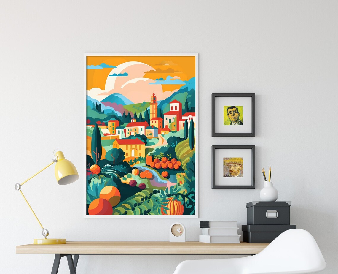 Sunny Hillside Village With Cypress Trees Colorful Illustration Poster - Image 4