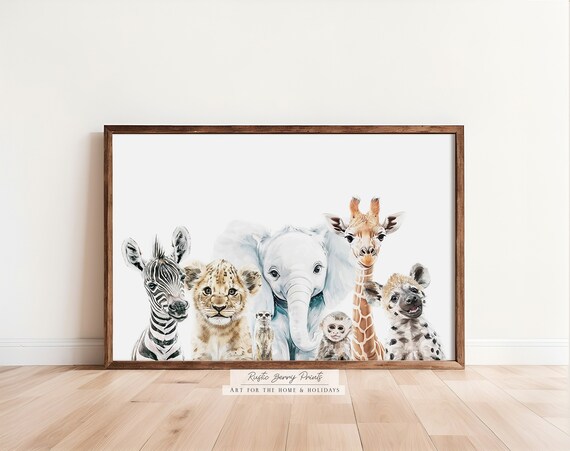 Baby Safari Animals Watercolor Zebra Lion Elephant Giraffe Nursery Poster