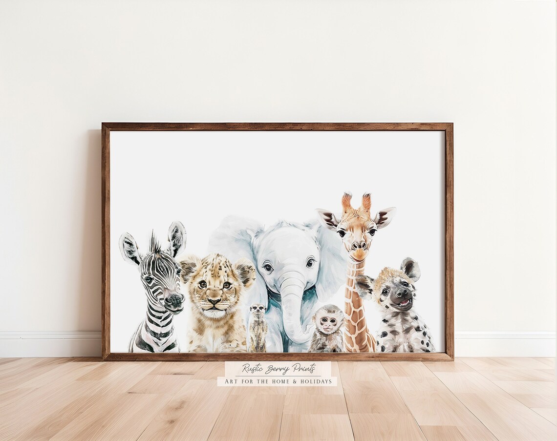 Baby Safari Animals Watercolor Zebra Lion Elephant Giraffe Nursery Poster