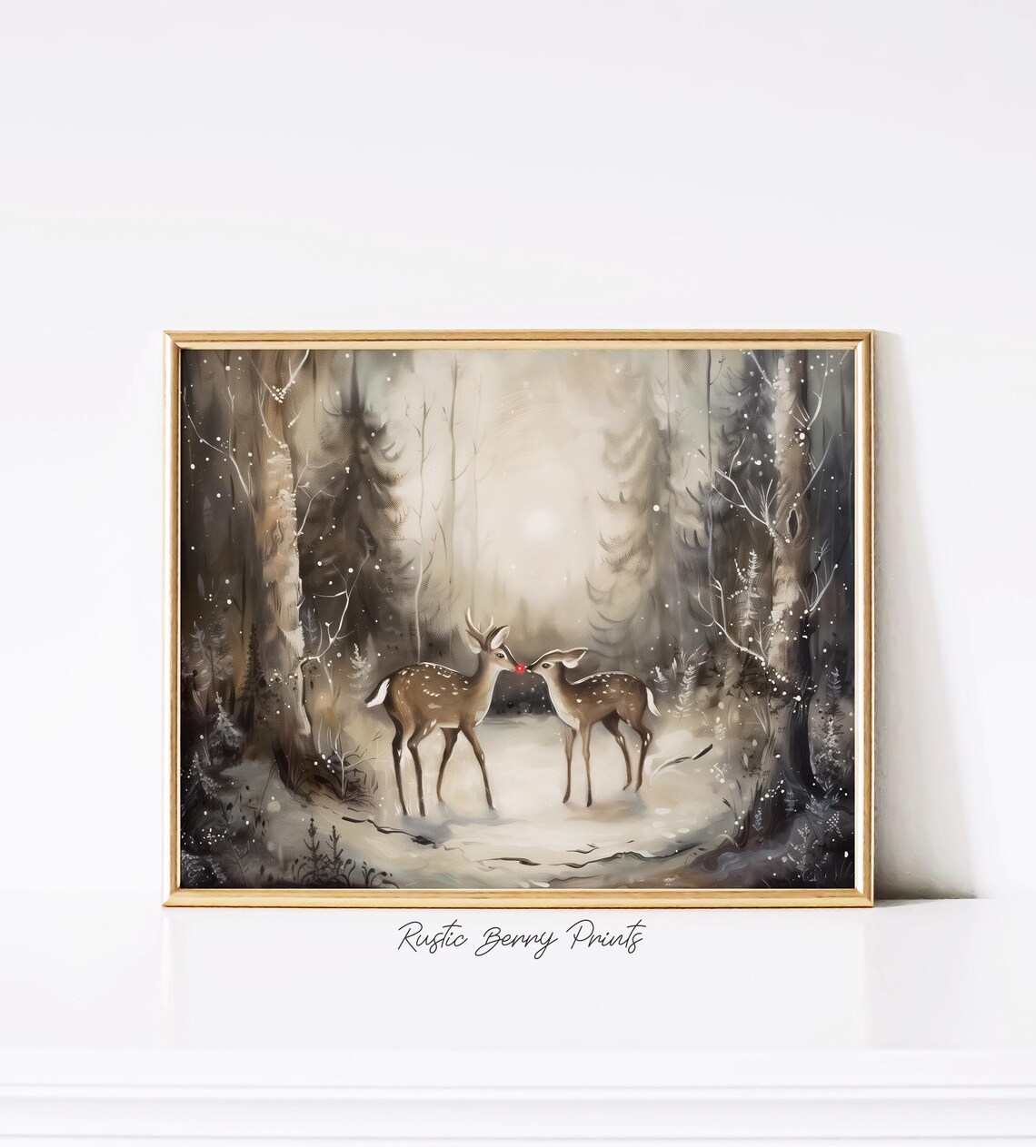 Two Fawns in Snowy Forest Night Red Nose Vintage Christmas Art Poster