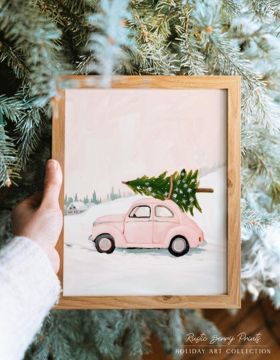 Cute Christmas Wall Art Art Print Pink Car Tree Snow Winter Holiday Poster Trendy Christmas Decor
