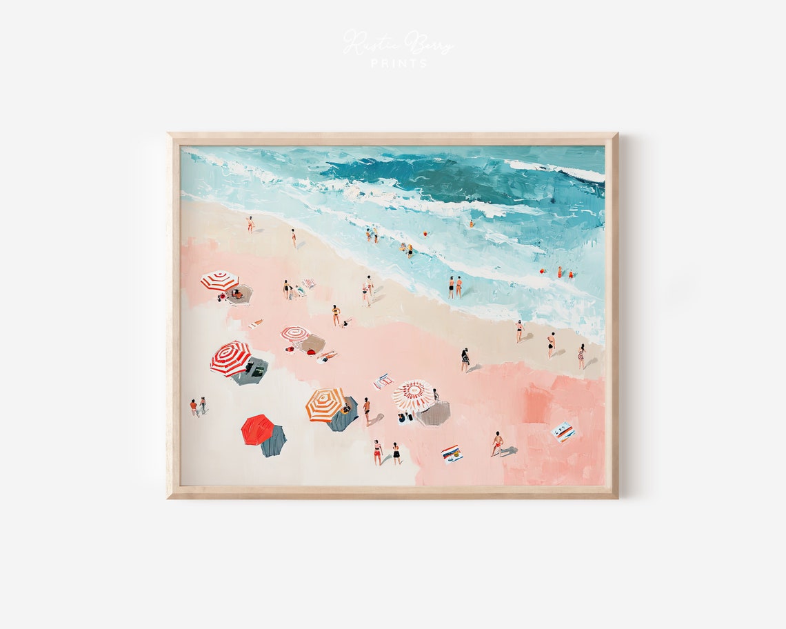 Aerial Pink Sand Beach Striped Umbrellas Turquoise Ocean Art Poster