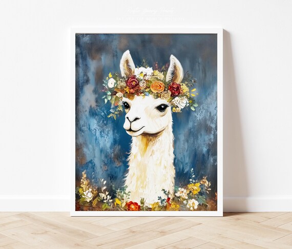 Llama Flower Crown Blue Background Painted Animal Portrait Poster