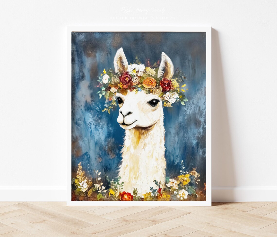 Llama Flower Crown Blue Background Painted Animal Portrait Poster