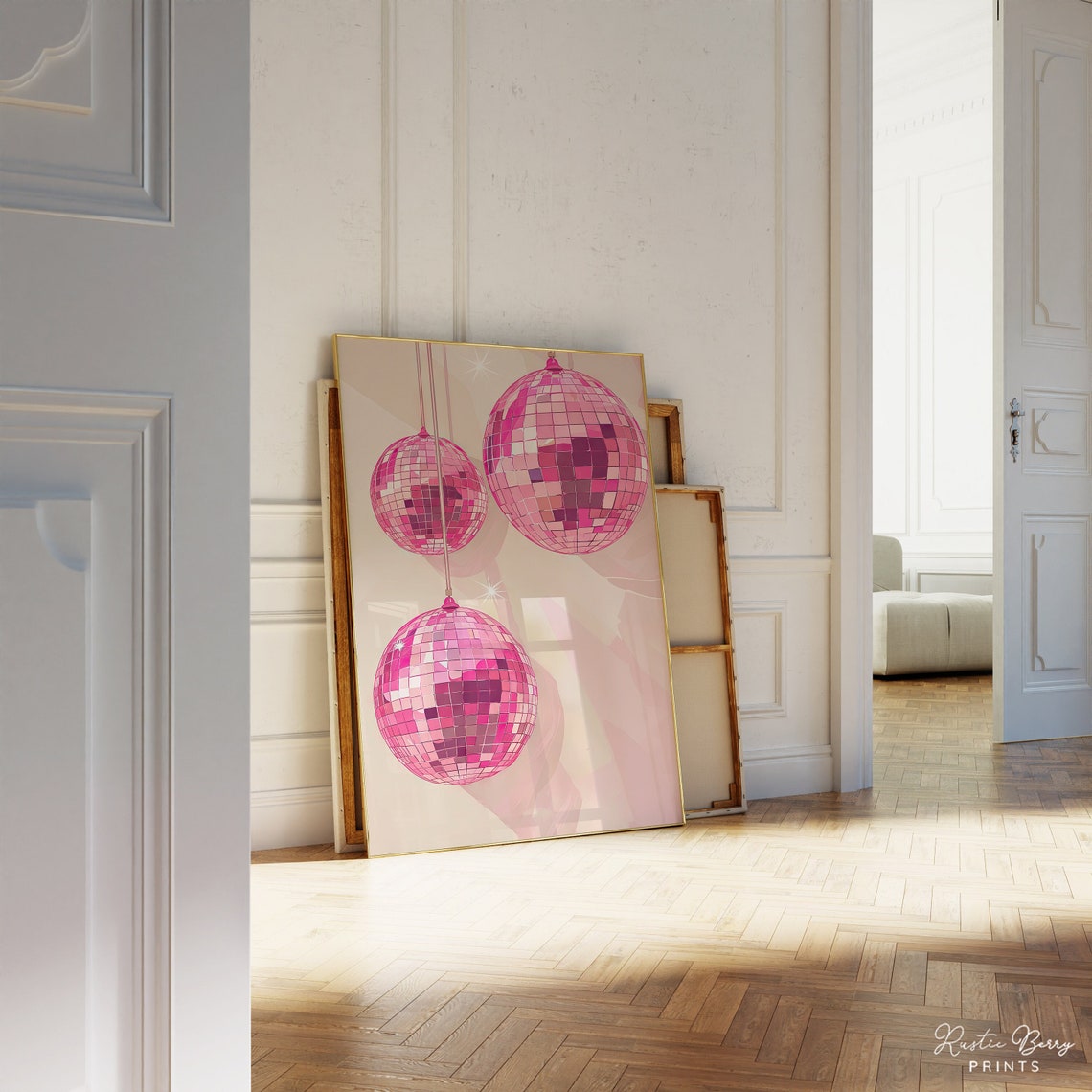 Pink Disco Balls Hanging Retro Glam Sparkling Preppy Apartment Poster