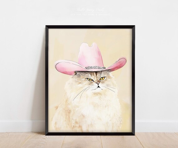 Fluffy Cat Pink Cowgirl Hat Cream Background Cute Western Funny Poster