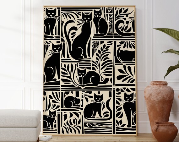Black Cats Art Deco Pattern Silhouette Cream Animal Wall Art Poster