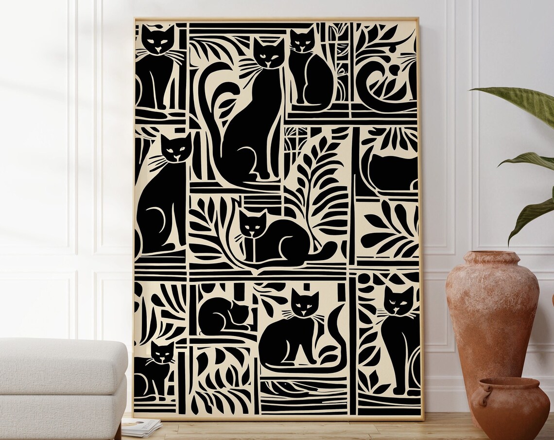 Black Cats Art Deco Pattern Silhouette Cream Animal Wall Art Poster