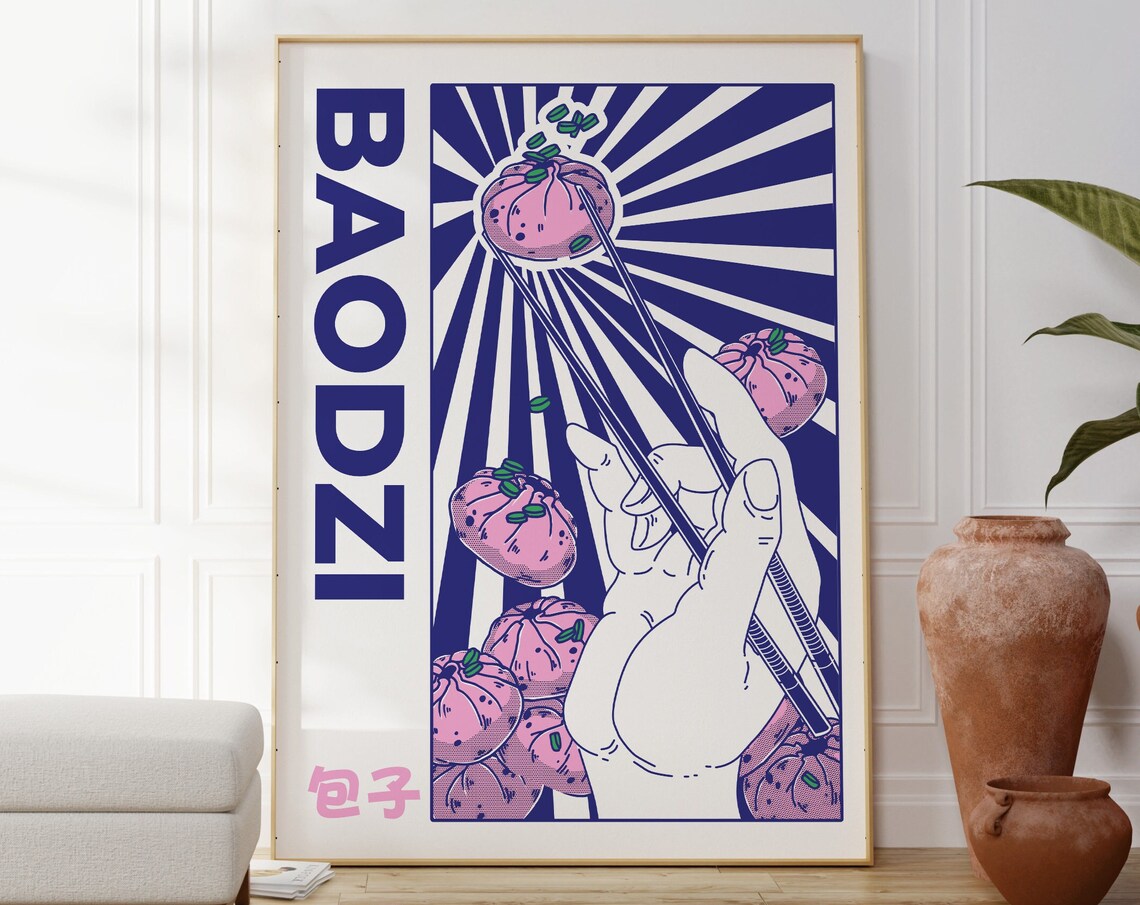 Baozi Steamed Buns Retro Pop Art Chopsticks Illustration Food Poster