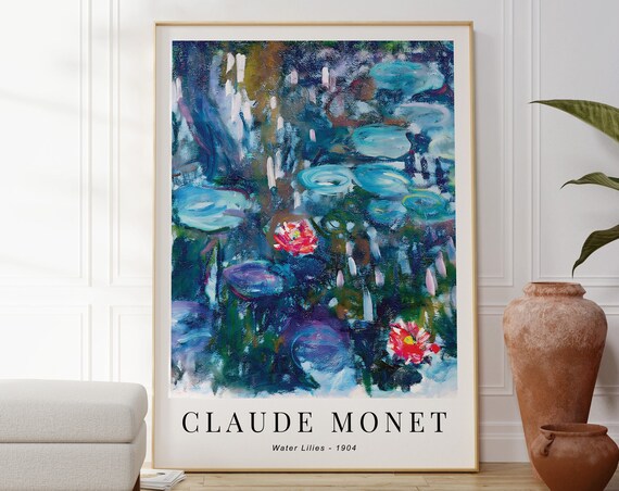 Claude Monet Water Lilies 1904 Deep Blue Pond Red Lily Blooms Poster