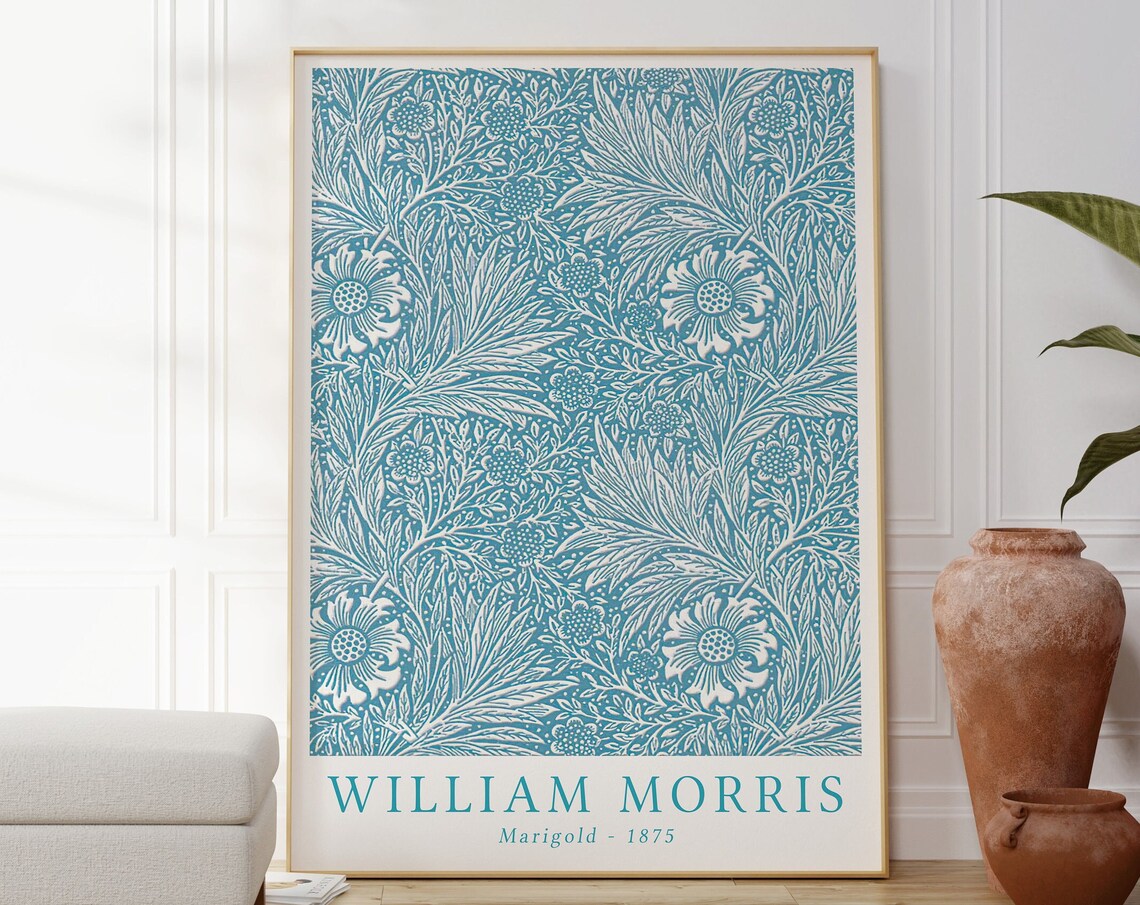 William Morris Marigold Blue Botanical Art Print