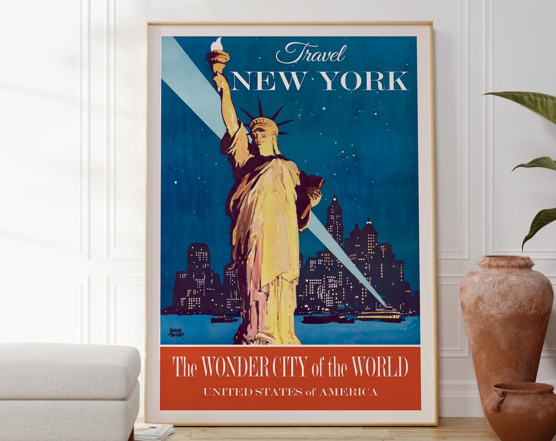 New York Statue Of Liberty Vintage Night Skyline Wonder City Print