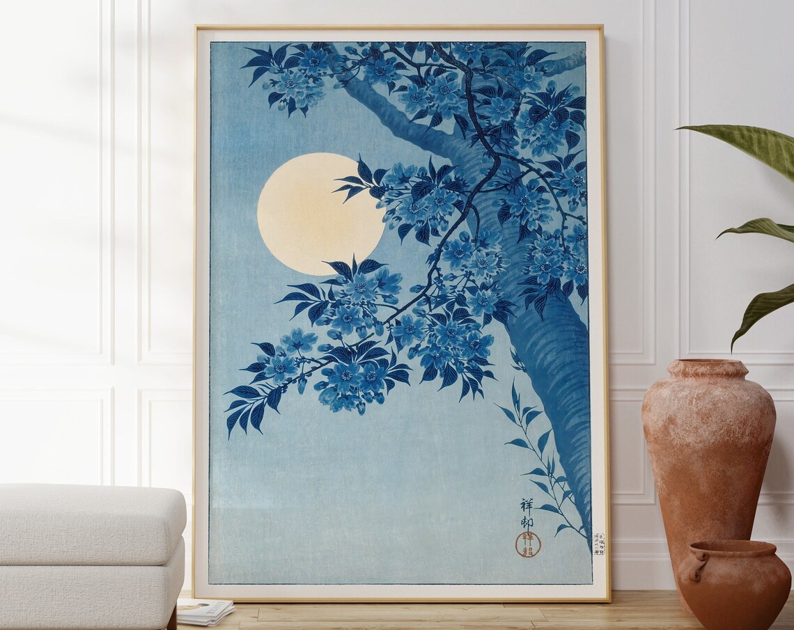 Blossoming Cherry On A Moonlit Night Japanese Blue Woodblock Poster