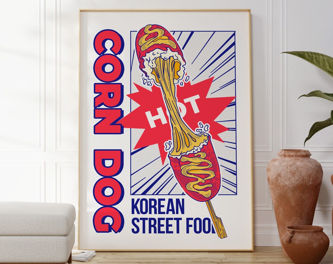 Korean Corn Dog Pop Art Hot Street Food Red Blue Kitchen Wall Poster