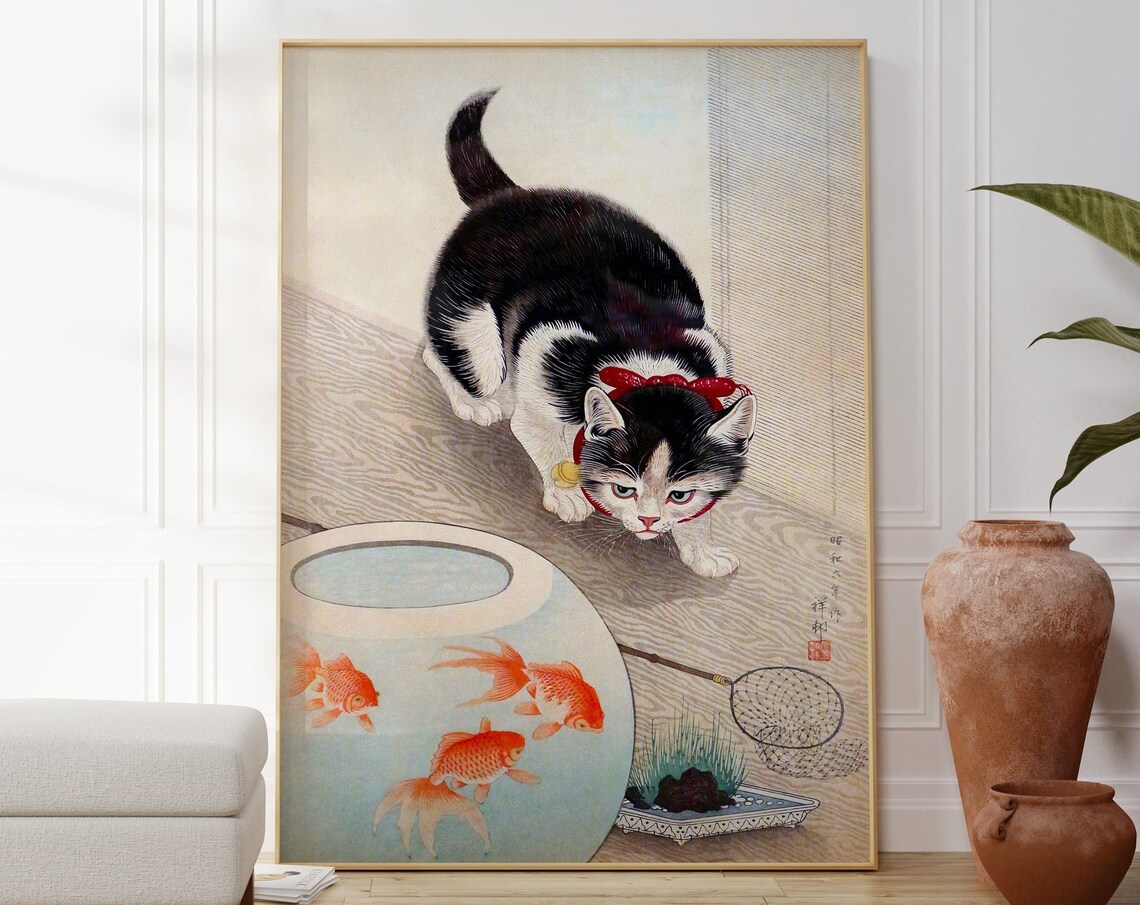 Ohara Koson Cat And Goldfish Bowl Vintage Japanese Woodblock Art Poster