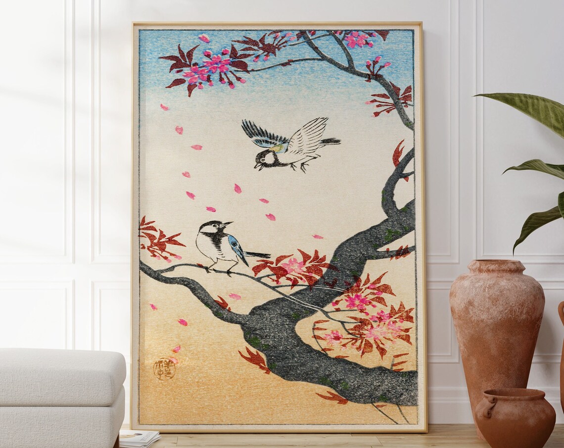 Two Songbirds Blossom Branch Japanese Woodblock Spring Bird Art Poster