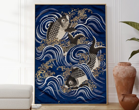 Tam Pham Carp In Waves Print Japanese Wall Art Poster Popular Gallery Artwork Museum Quality Fish Poster Blue Wall Art Vintage Art Gift