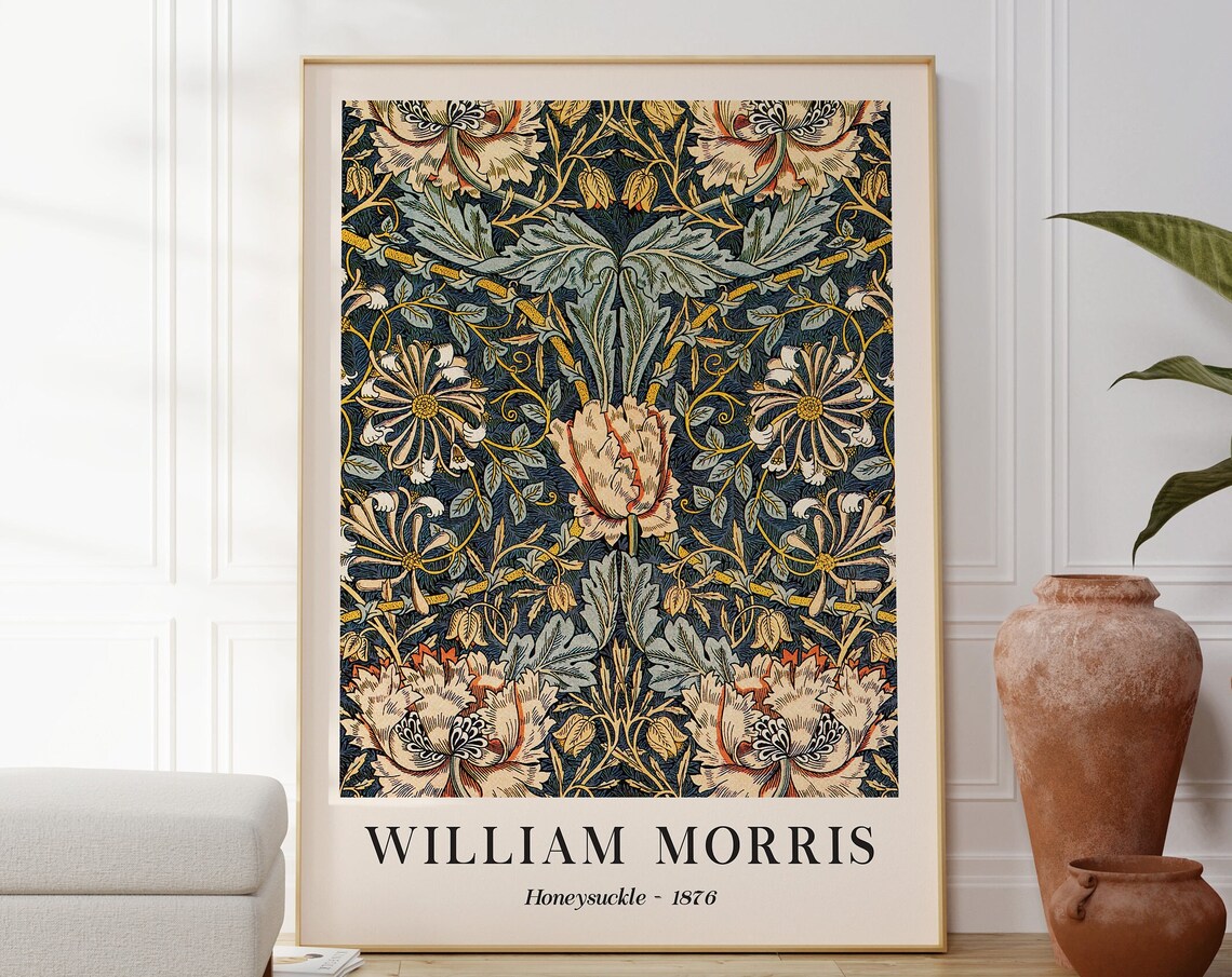 William Morris Honeysuckle 1876 Navy Floral Vintage Pattern Poster