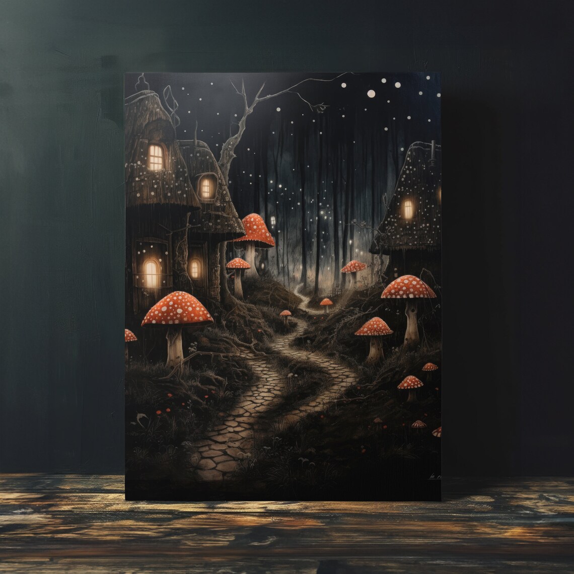 Mushroom Cottage Night Forest Fairytale Path Glowing Windows Dark Art Poster - Image 4