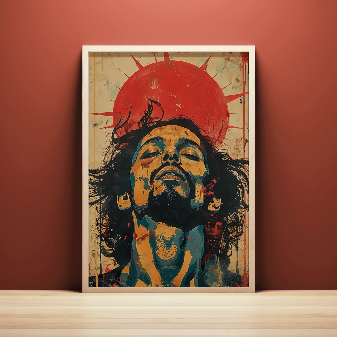 Moody Jesus Portrait Red Sun Pop Art Poster Retro Christian Wall Decor - Image 3