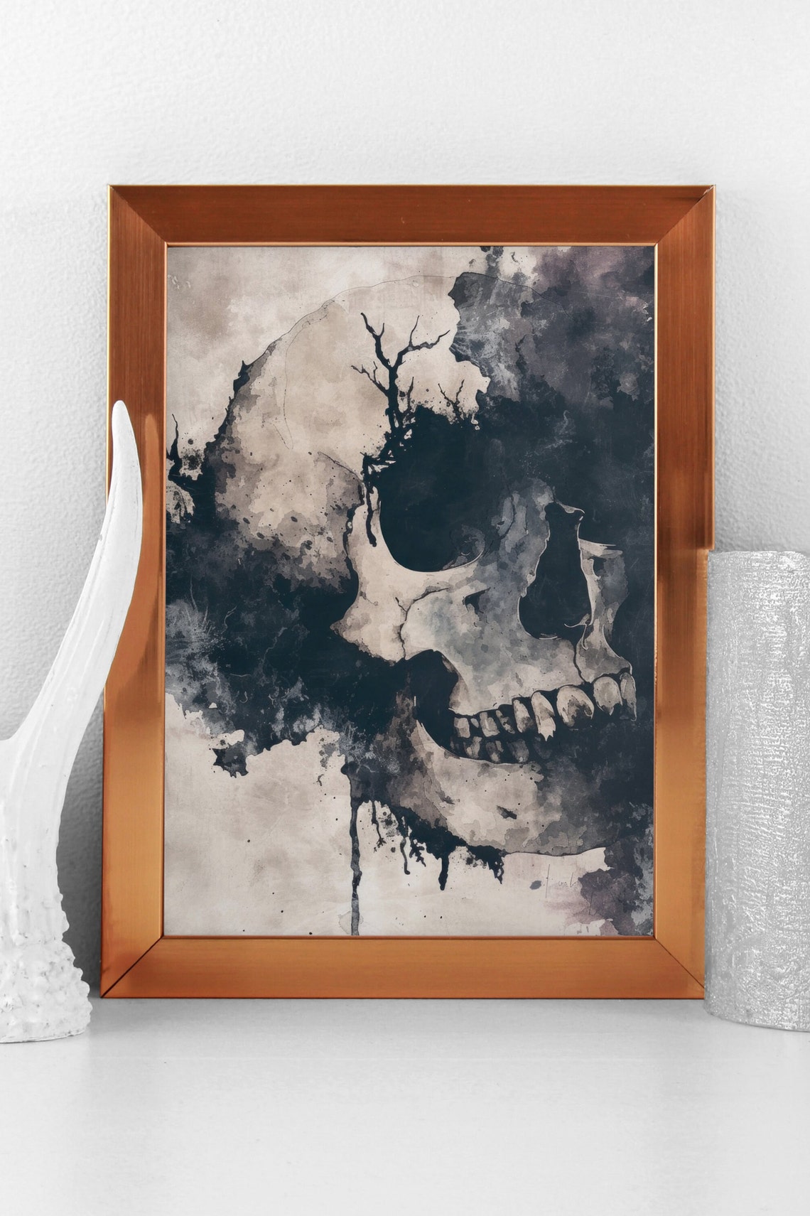 Grungy Skull Watercolor Painting Dark Aesthetic Wall Decor Print - Image 3