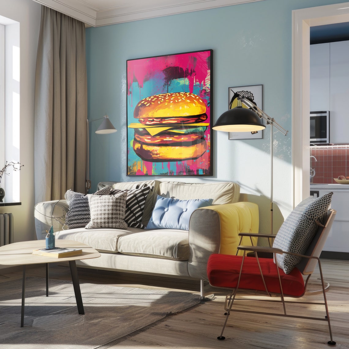 Cheeseburger Graffiti Pop Art Pink Teal Splash Kitchen Poster - Image 4
