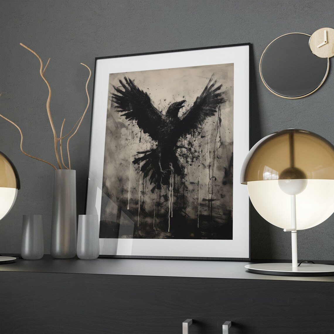 Black Crow Wings Spread Ink Splatter Moody Grungy Monochrome Art Poster - Image 4