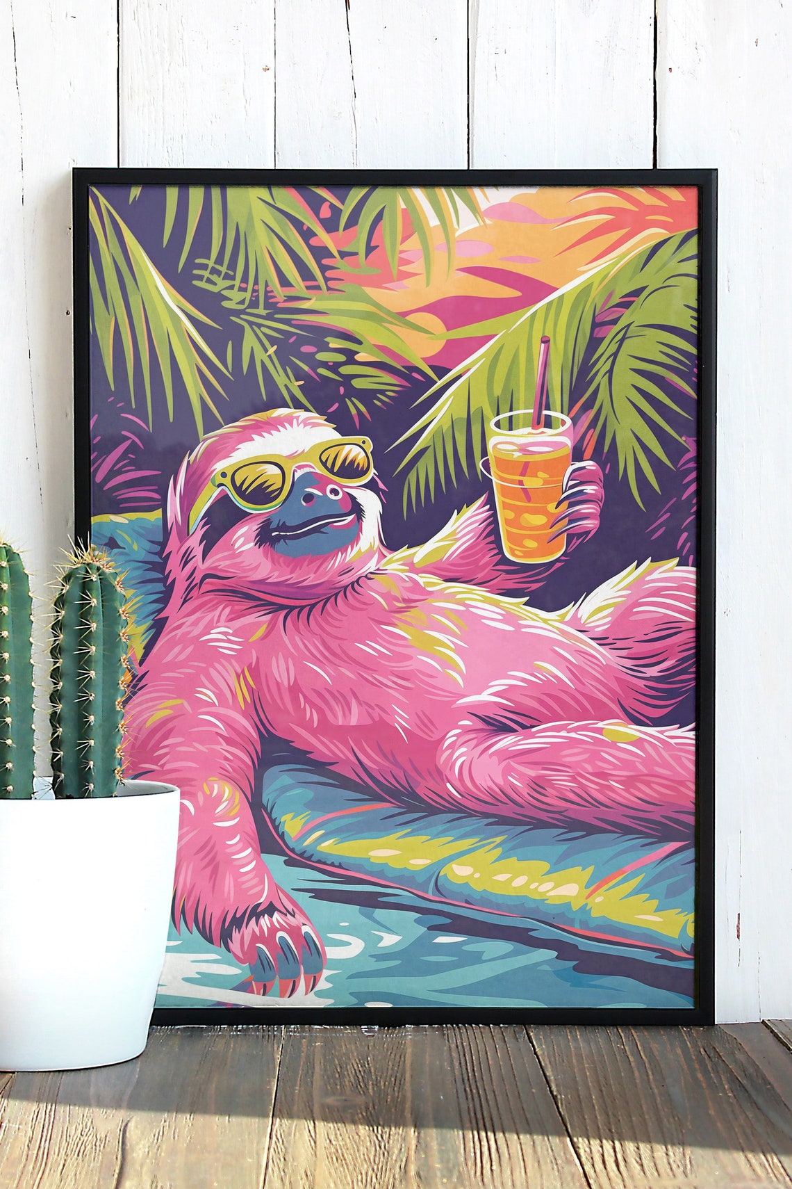 Trendy Cocktail Sloth Poster Wall Art Instant Maximalist Pop Art Print Holiday Themed Poolside Decor Furry Painting - Image 3