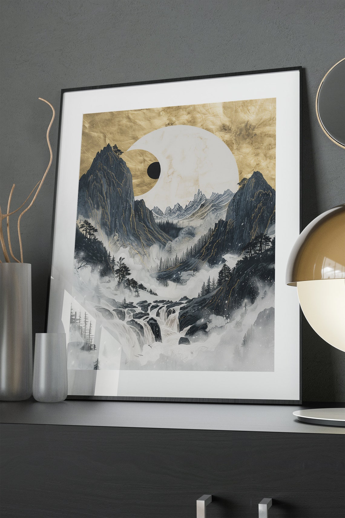 Moody Chinese Mountain Landscape Gold Moon Misty Waterfall Poster - Image 4