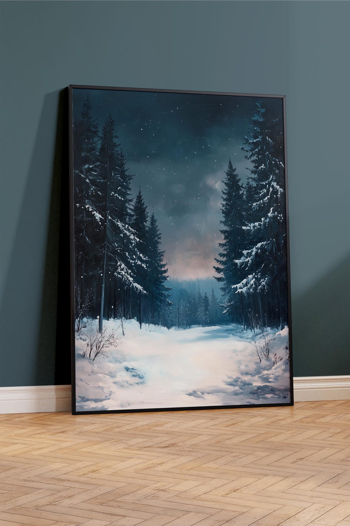 Snowy Evergreen Forest Under Starry Dusk Sky Winter Painting Poster - Image 4