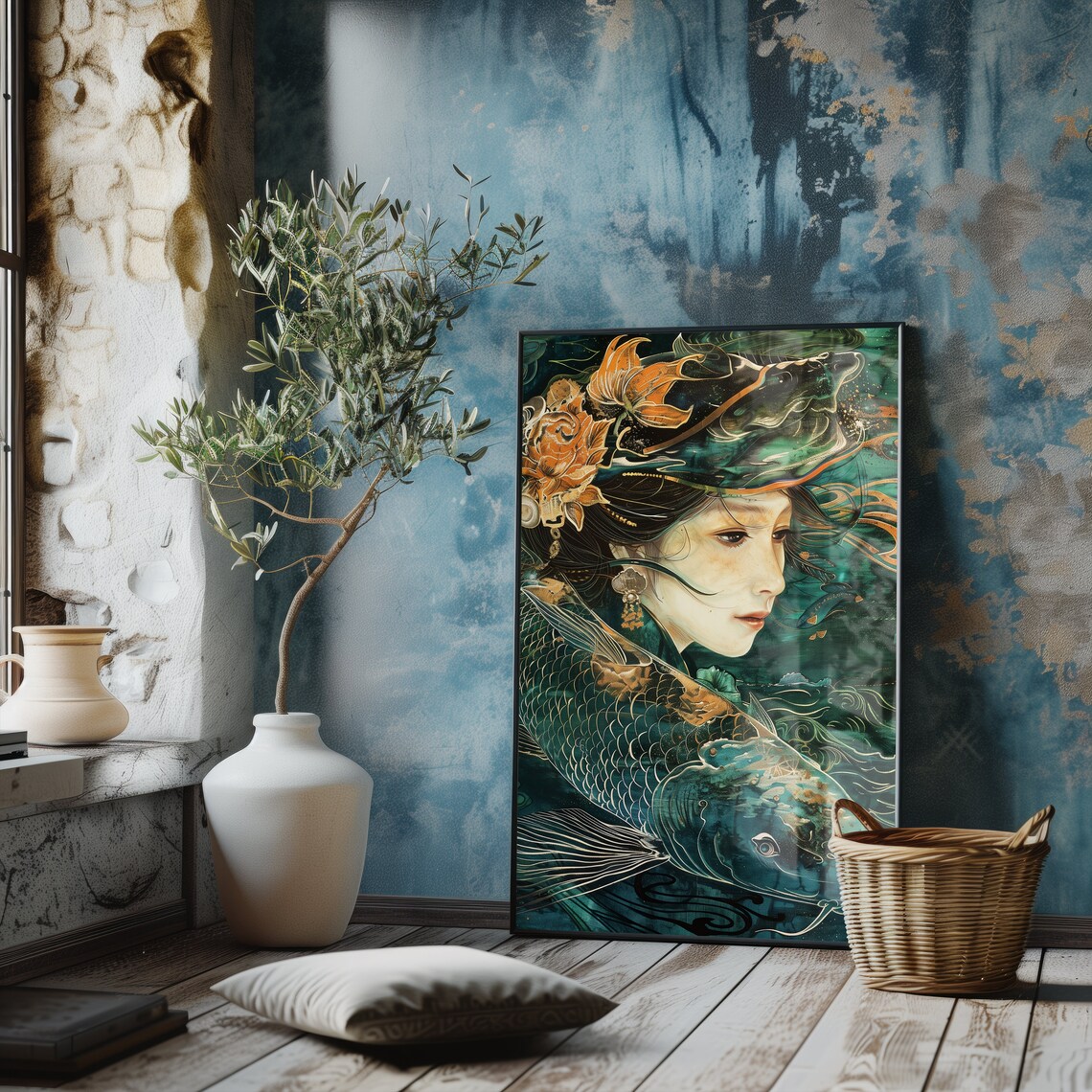Geisha And Koi Fish Surreal Teal Gold Japanese Style Art Poster - Image 3