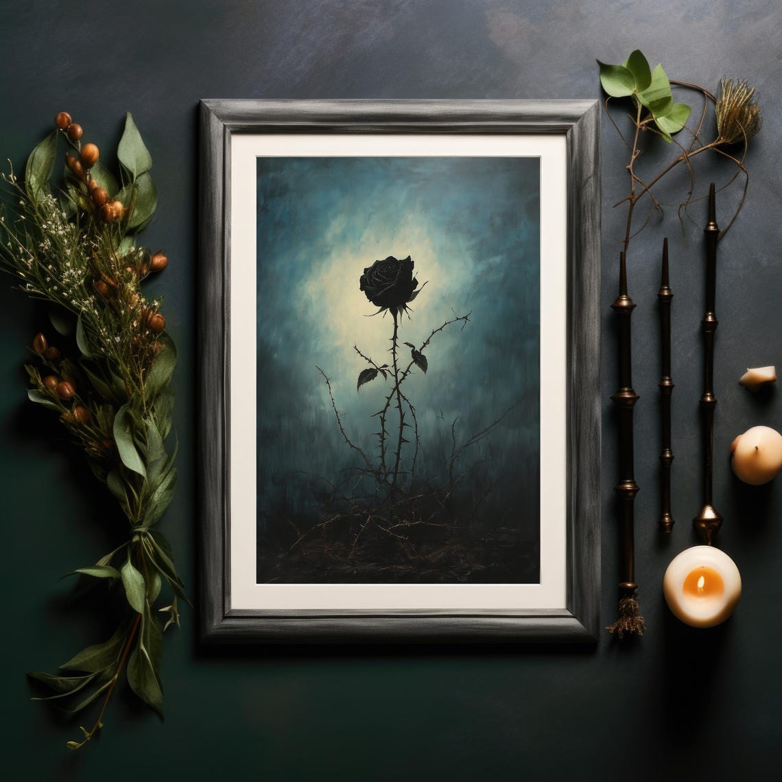 Black Rose Silhouette Against Moonlit Blue Fog Gothic Art Poster - Image 4