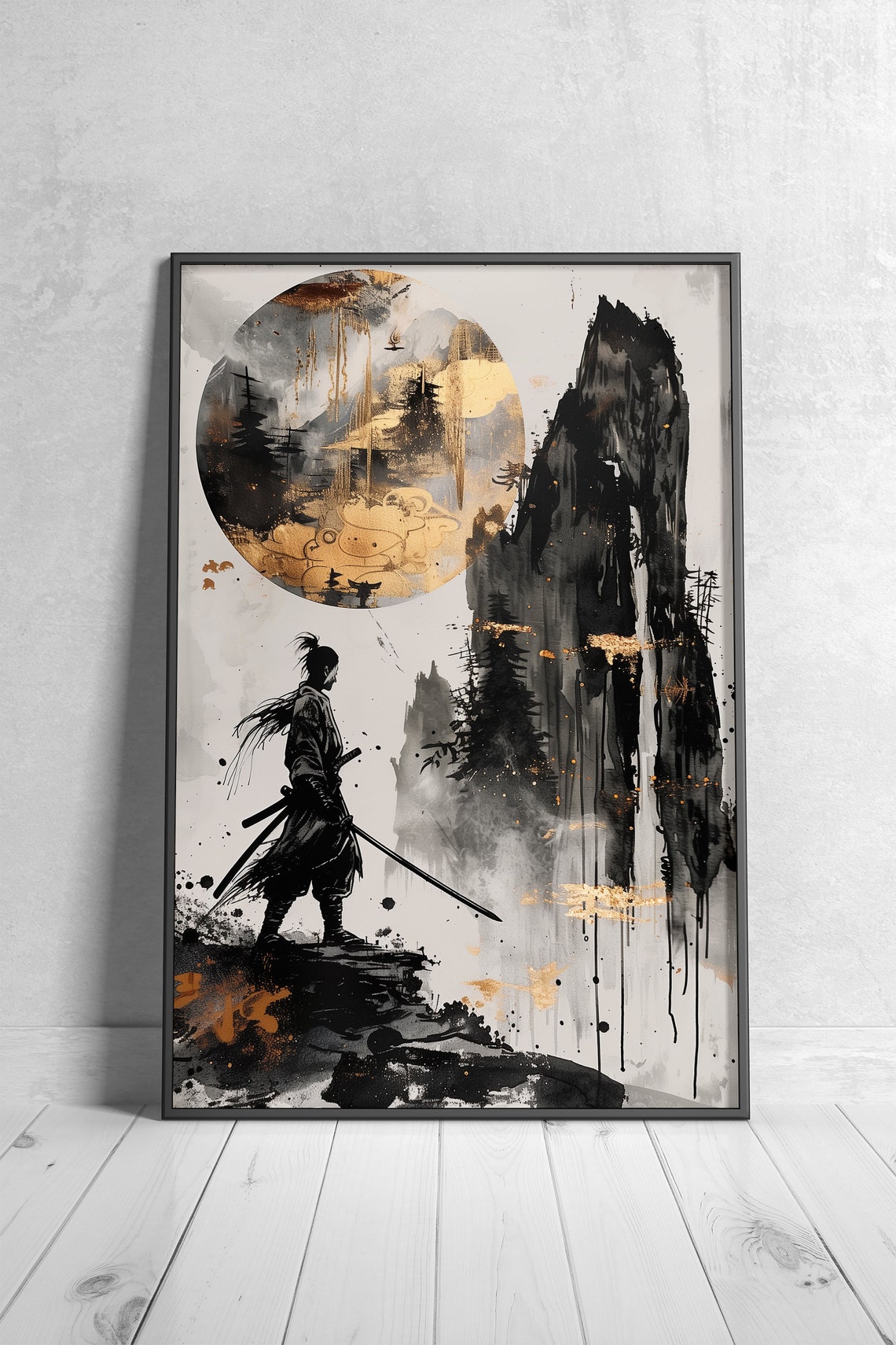 Samurai Warrior Ink Wash Painting Golden Moon Japanese Art Poster - Image 4