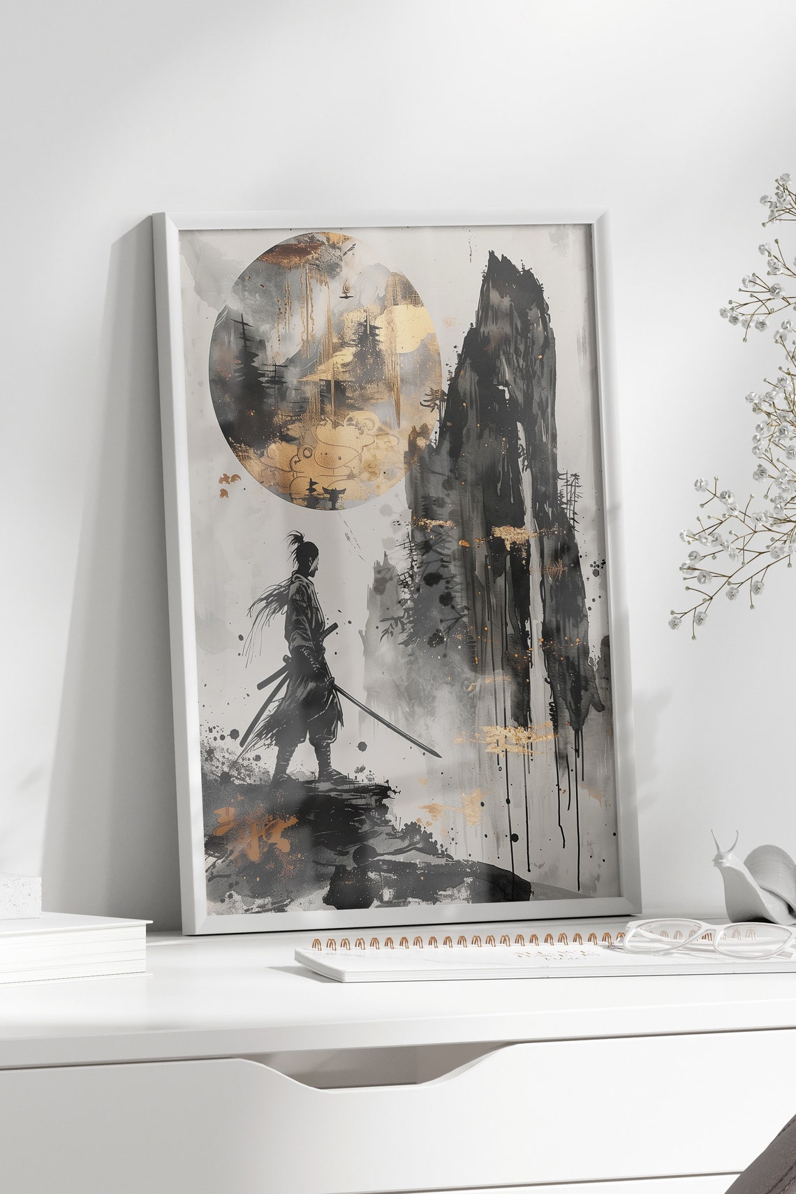 Samurai Warrior Ink Wash Painting Golden Moon Japanese Art Poster - Image 2
