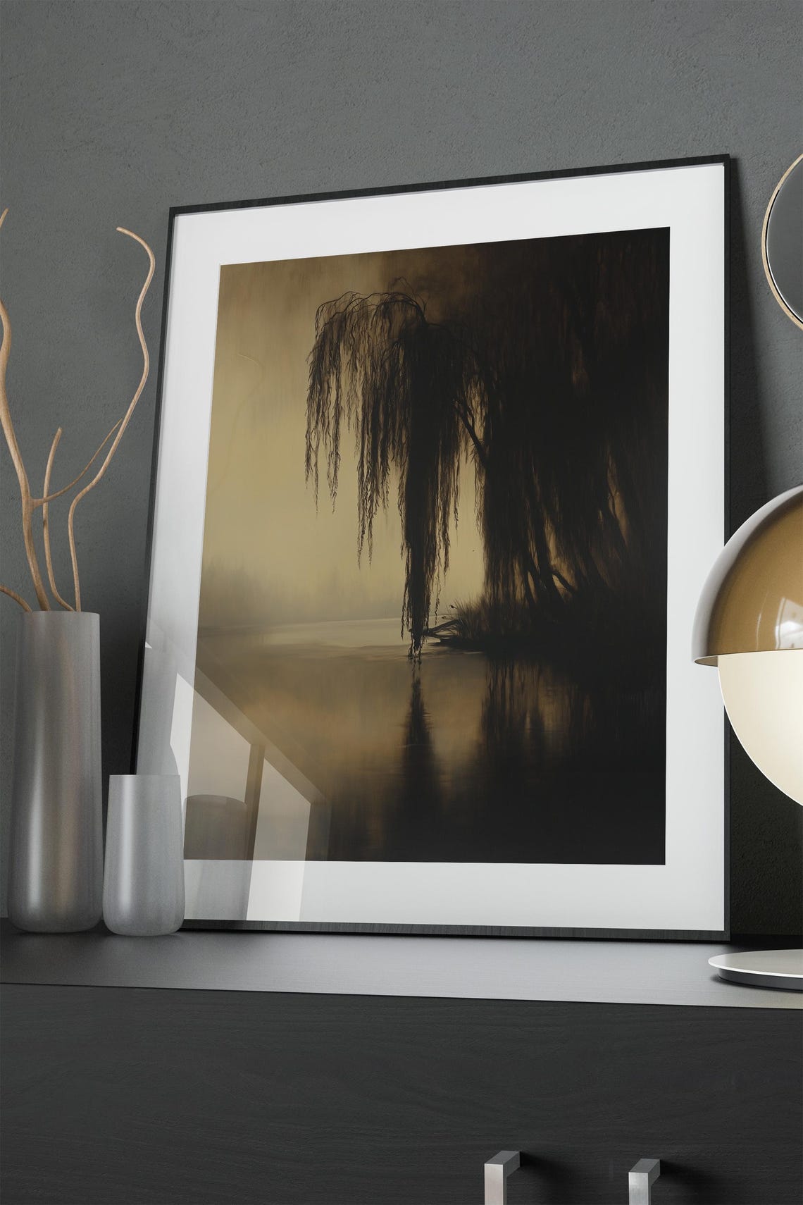 Old Willow Tree Dark Moody Lake Mist Cottagecore Painting Poster - Image 2