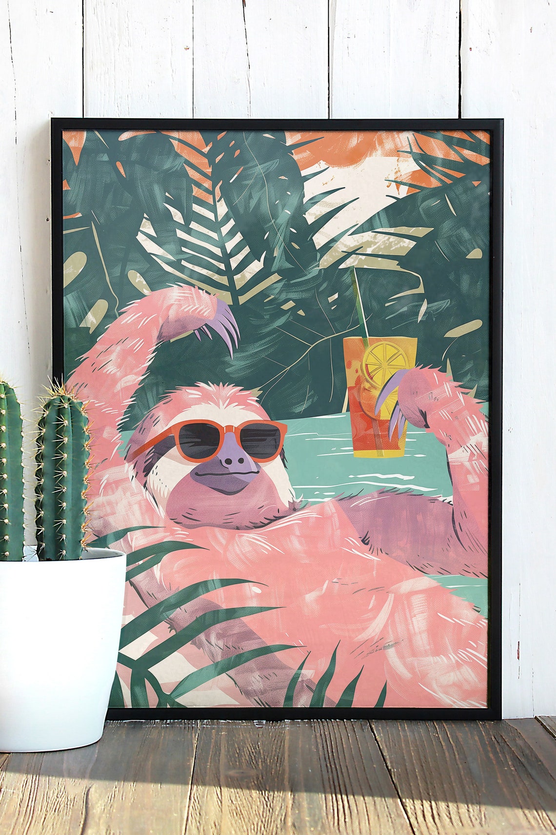 Drunk Sloth Poster Print Wall Art Maximalist Poolside Decor Tropical Vacation Home Decor Cocktail Wall Art - Image 3