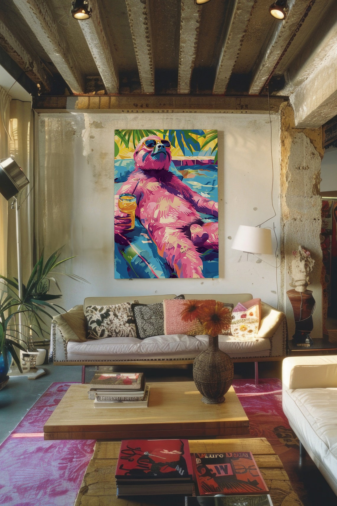 Pink Sloth Pool Party Pop Art Poster Tropical Maximalist Wall Decor - Image 2