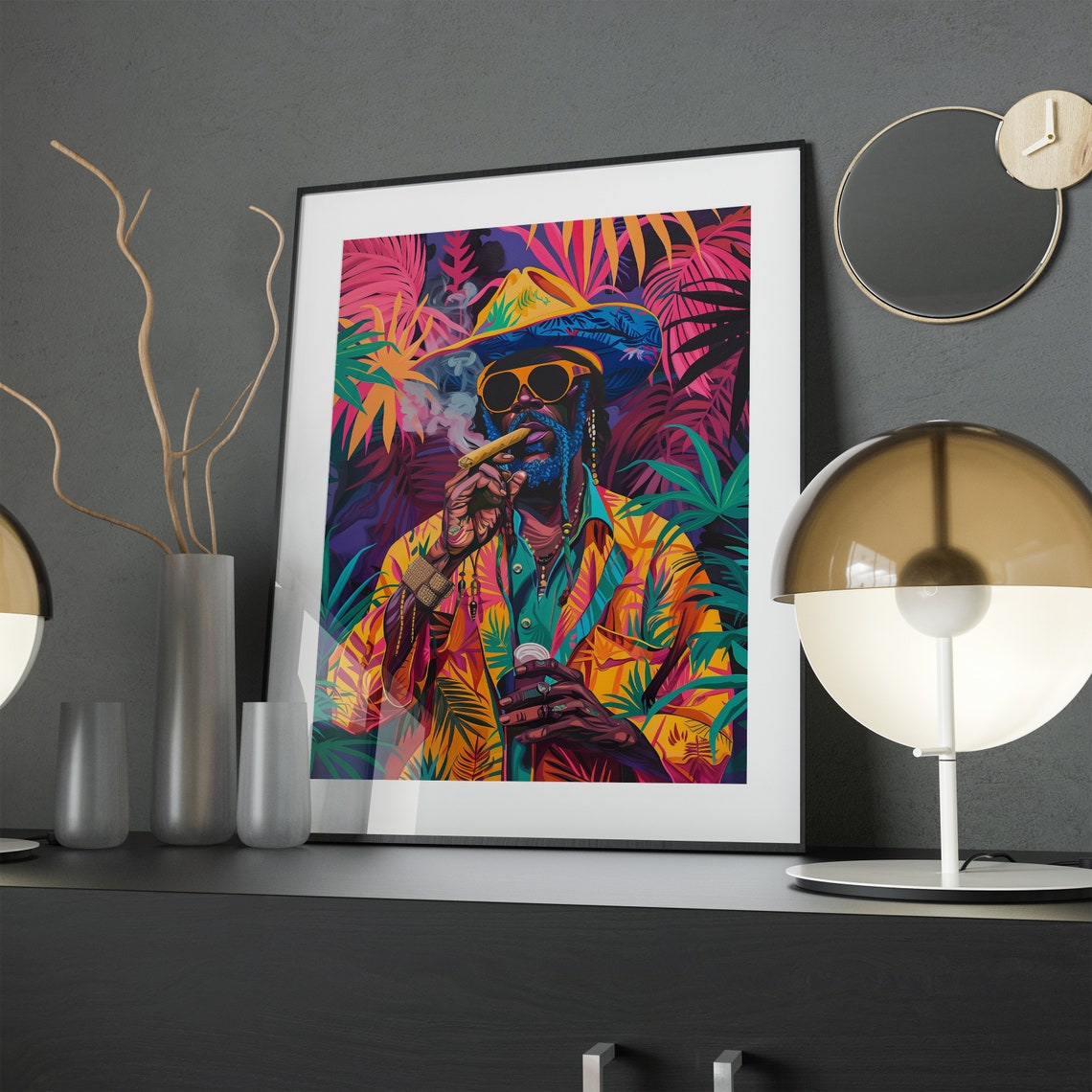 Charismatic Caribbean Man Smoking Cigar Tropical Neon Portrait Poster - Image 2