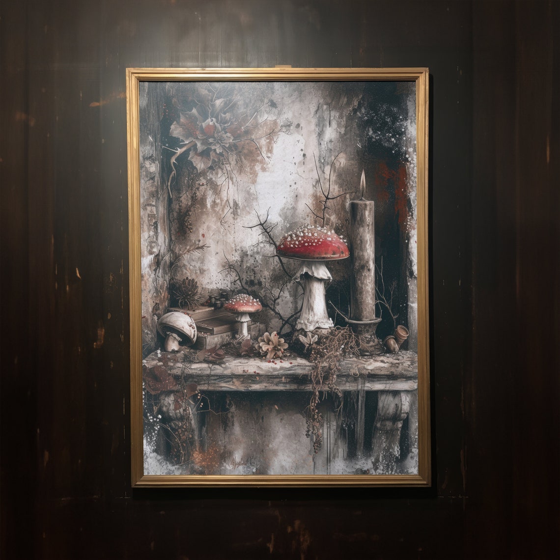 Dark Cottagecore Mushroom Still Life Print Candle Moody Wall Decor - Image 3