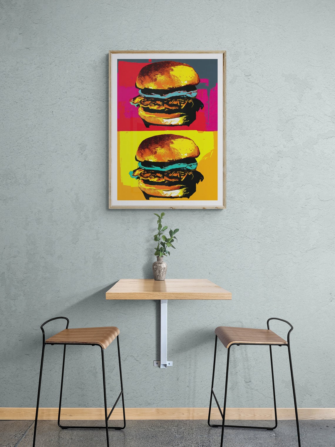 Double Burger Retro Pop Art Pink Yellow Fast Food Kitchen Poster - Image 2