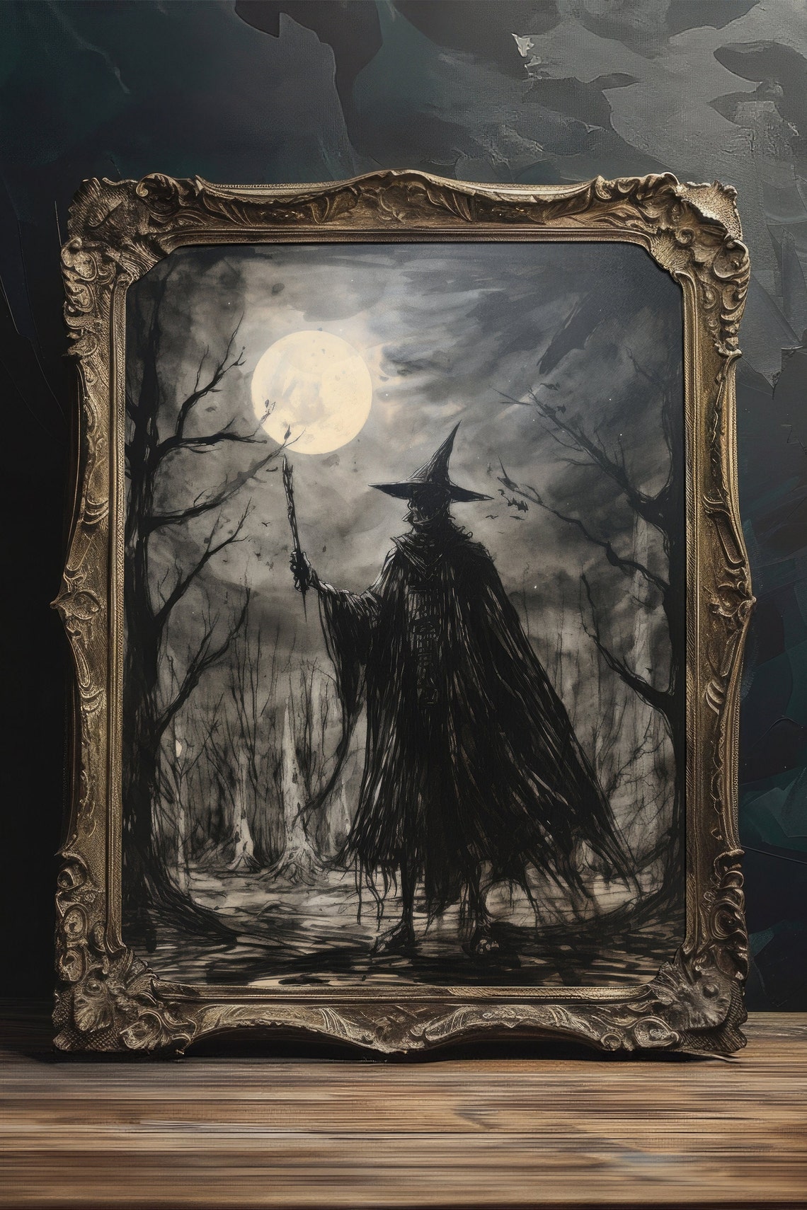 Moonlit Witch With Staff Bare Trees Ink Dark Fantasy Wall Art - Image 3