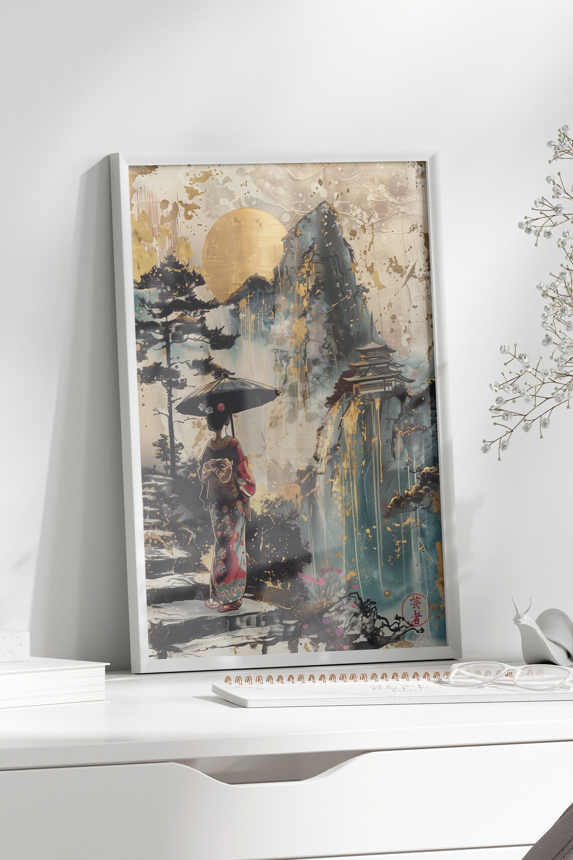 Moody Japanese Geisha Art Print, Mountain Scenery - Image 2