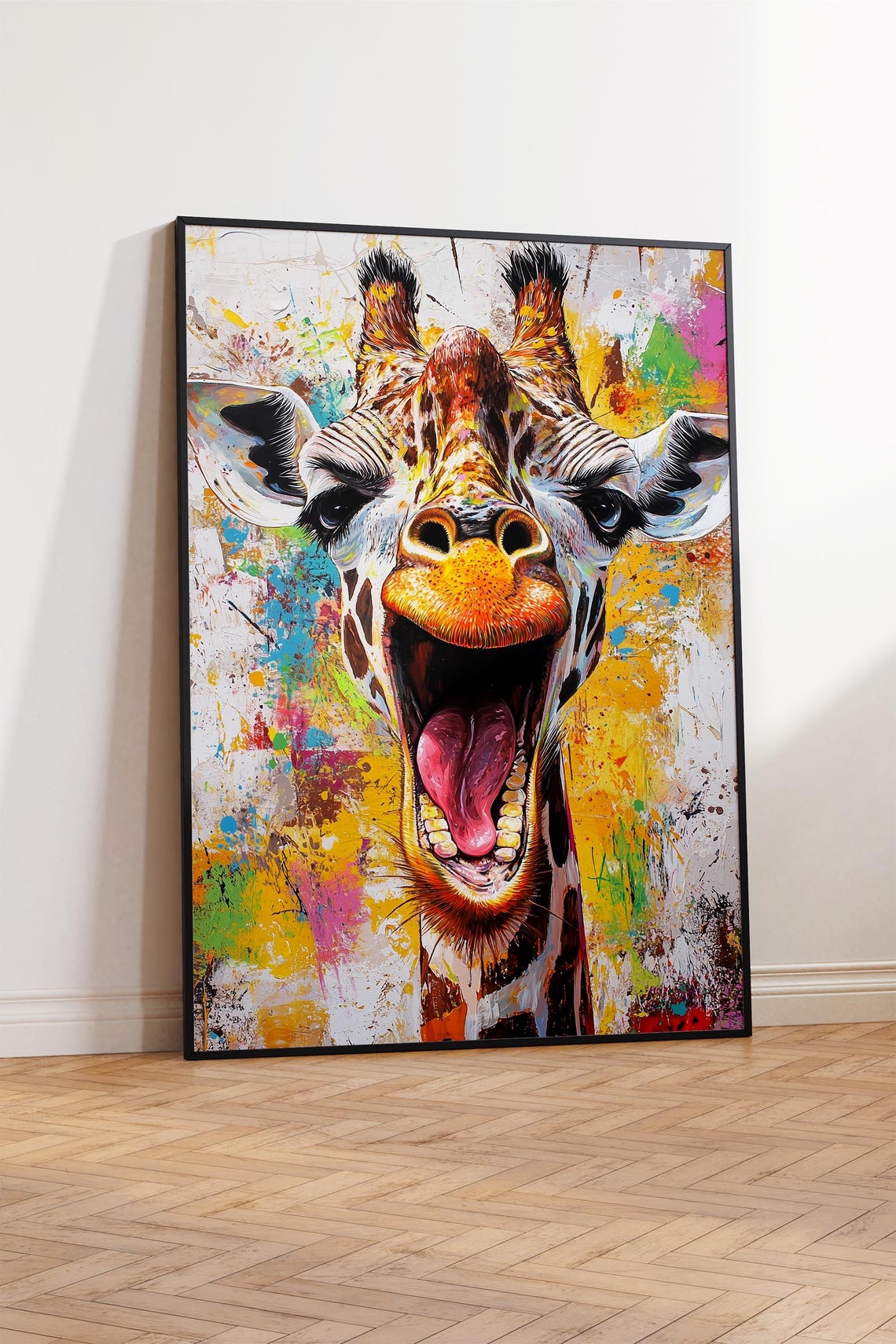 Laughing Giraffe Funky Neon Splatter Pop Art Animal Portrait Print - Image 3