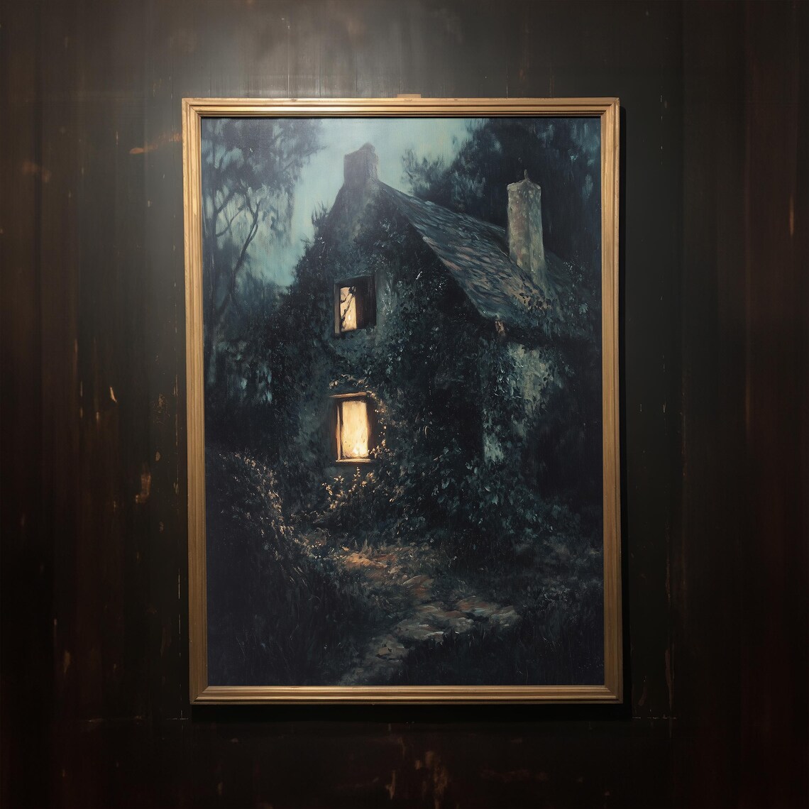 Ivy Covered Cottage at Night Glowing Windows Moody Painting Poster - Image 3